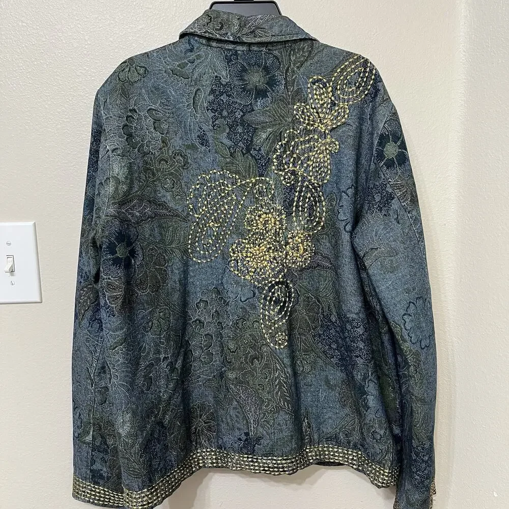 Coldwater Creek Women's‎ Lined Jacket Sz Medium Denim Floral Top Stitching Zip